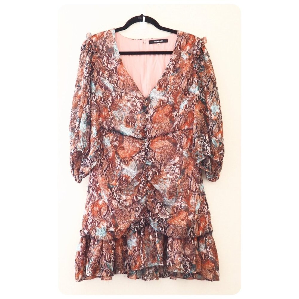 !! SugarLips Snake Reptile Print Long Sleeve V-Neck Ruched Mini Dress sz M